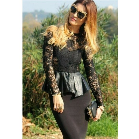 BLOGGER'S FAVE! Zara Celebrity Faux Leather Peplum Lace Dress Black NWT - Picture 13 of 16